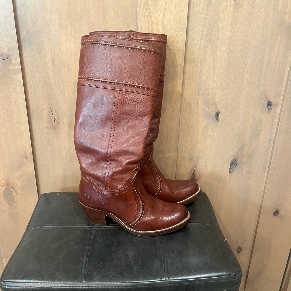 Frye Cognac Leather Mid-Calf Stacked Heel Boots